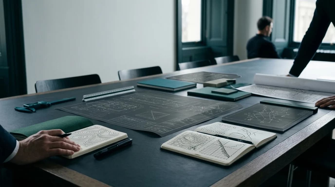 Dark slate worktable with translucent topological contour charts, coordinate grids, and precision drafting tools in quiet overcast side light