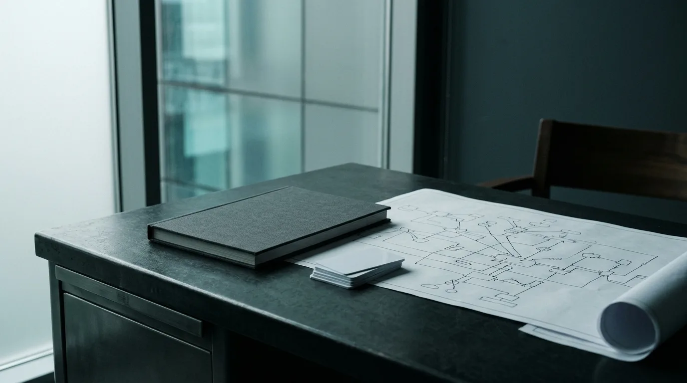 An institutional steel inspection desk with an unmarked compliance ledger, physical access cards, and network blueprint schematics in quiet overcast daylight