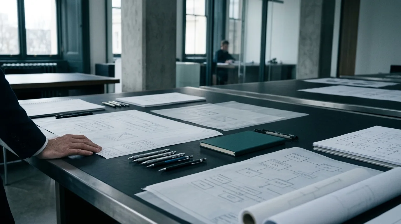 Architectural drafting table in an institutional workspace laid with technical systems architecture diagrams, drafting tools, and a deep teal notebook under cool overcast daylight