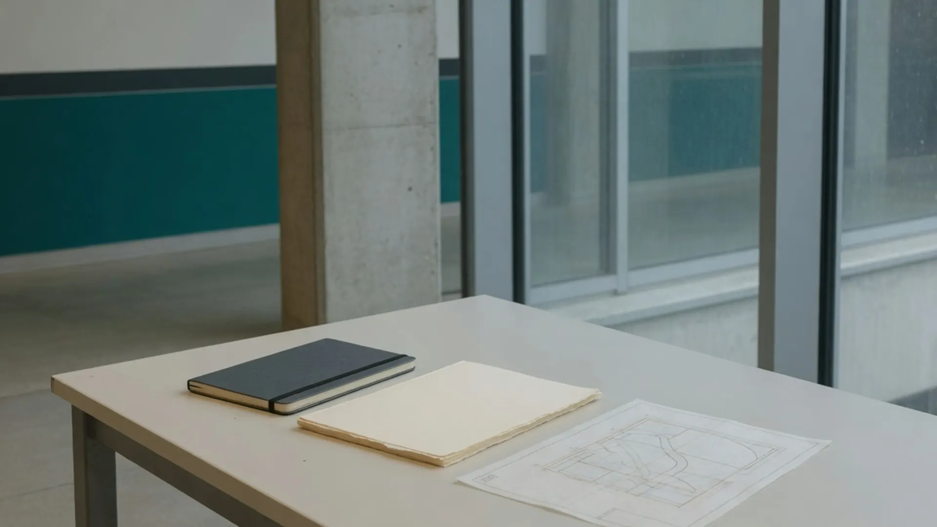 Quiet editorial workspace with technical blueprints and planning documents on a dark timber table