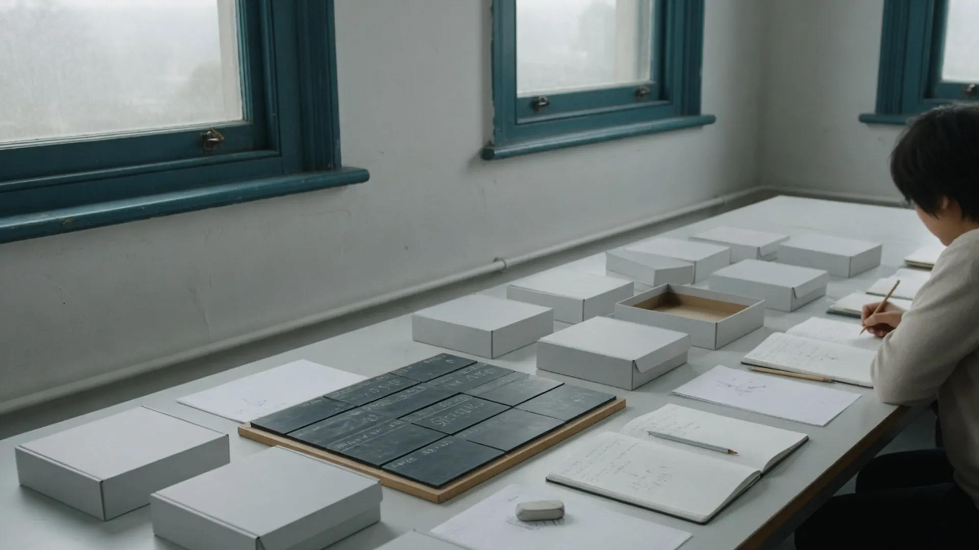 Product packaging sketches and unmarked pricing boards on a vendor workshop table