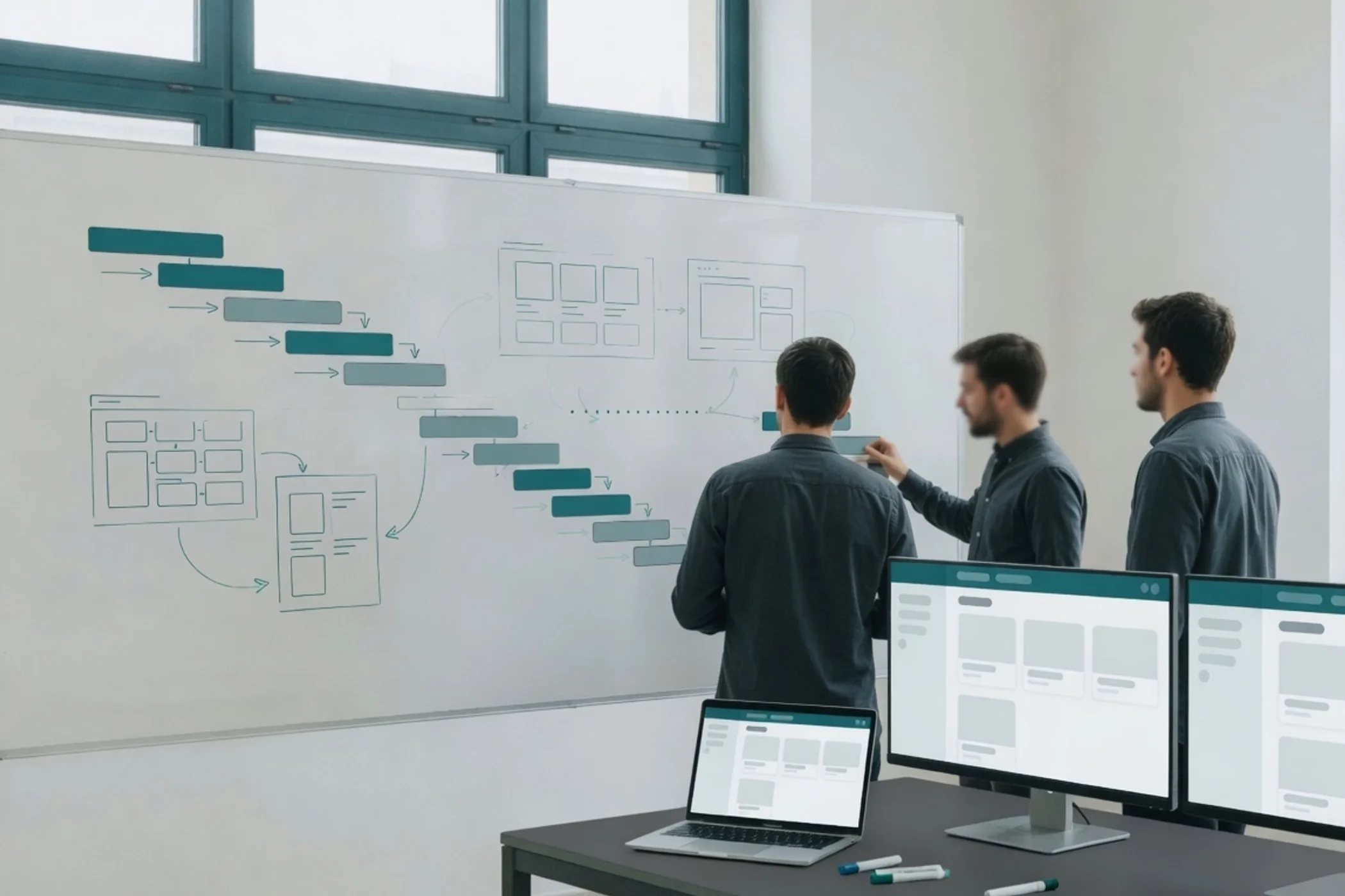 Product team at a whiteboard mapping a digital product, with app screens on monitors beside them