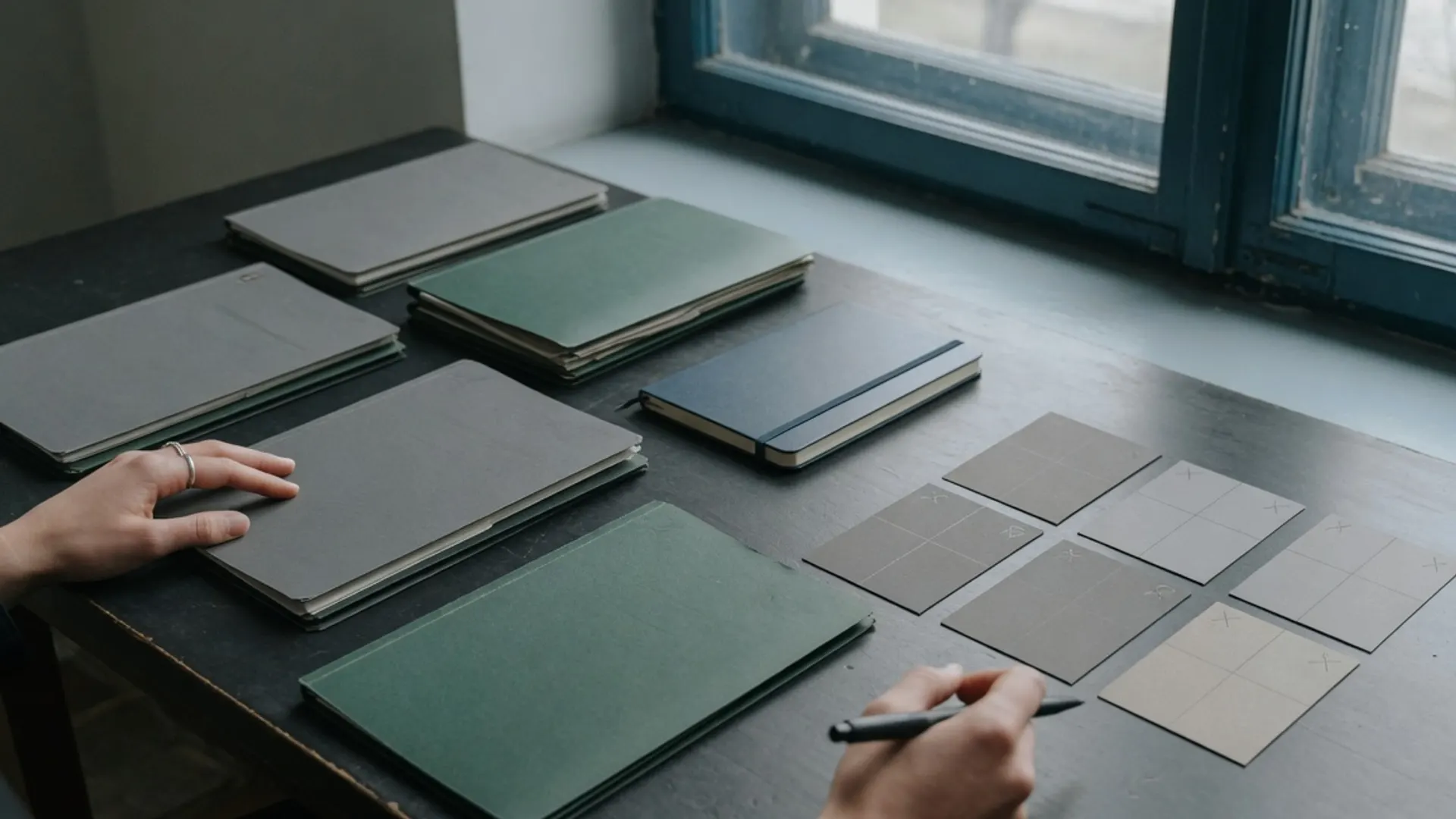 Contract folders and unmarked commercial papers arranged on a dark meeting table